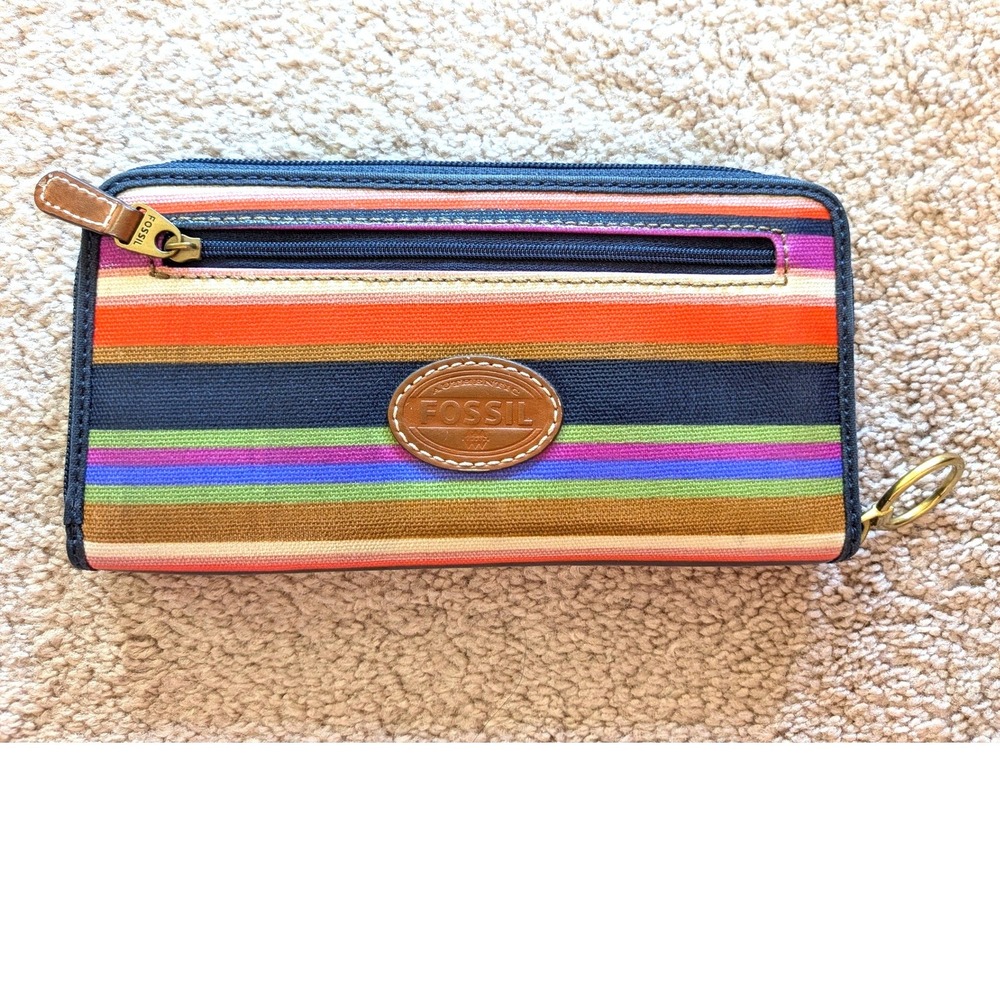 Fossil Multi Color Striped Canvas Zip Around Clutch Wallet
